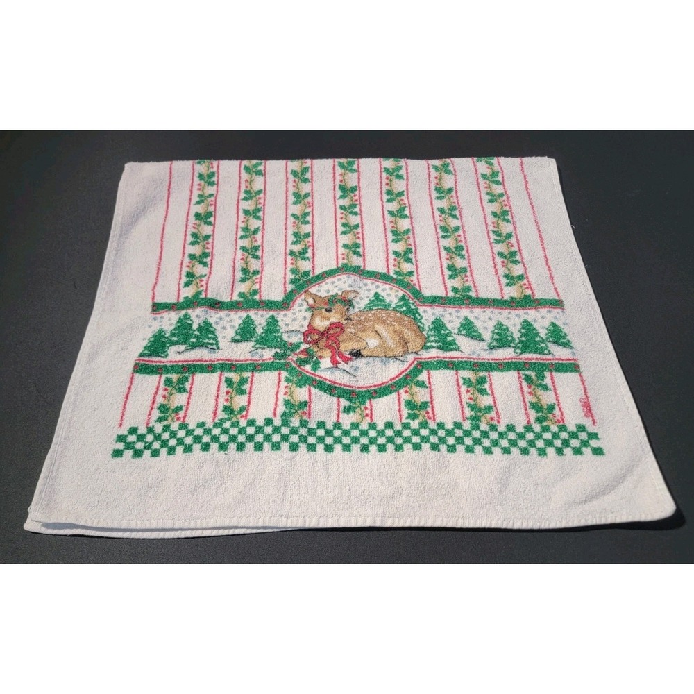 Vintage‎ Bathworks Baby Deer Fawn Mistle Toe White Christmas Bath Towel